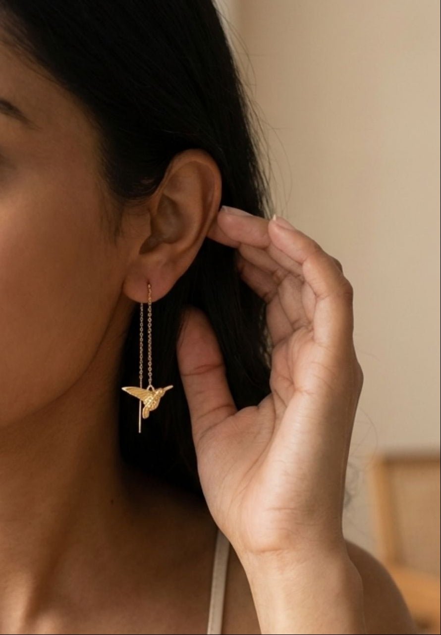 Hummingbird Threader Drop Earrings - Foramour Jewels - 18K Gold Plated - Sweat, water proof