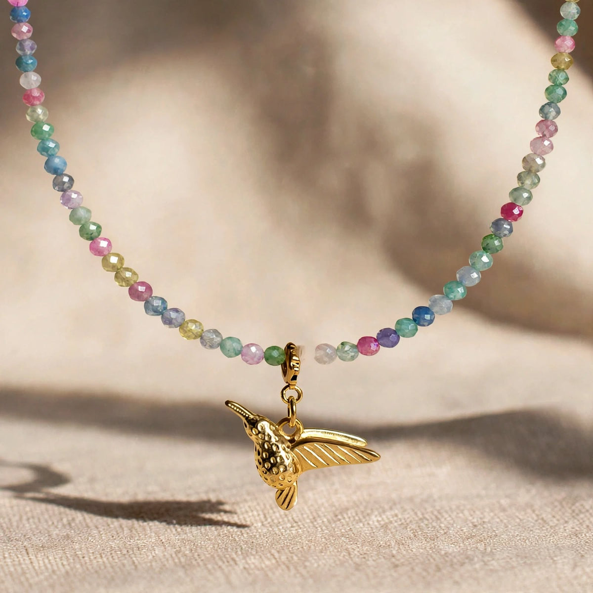 Multicolour Zircon Bead & Gold Hummingbird Necklace