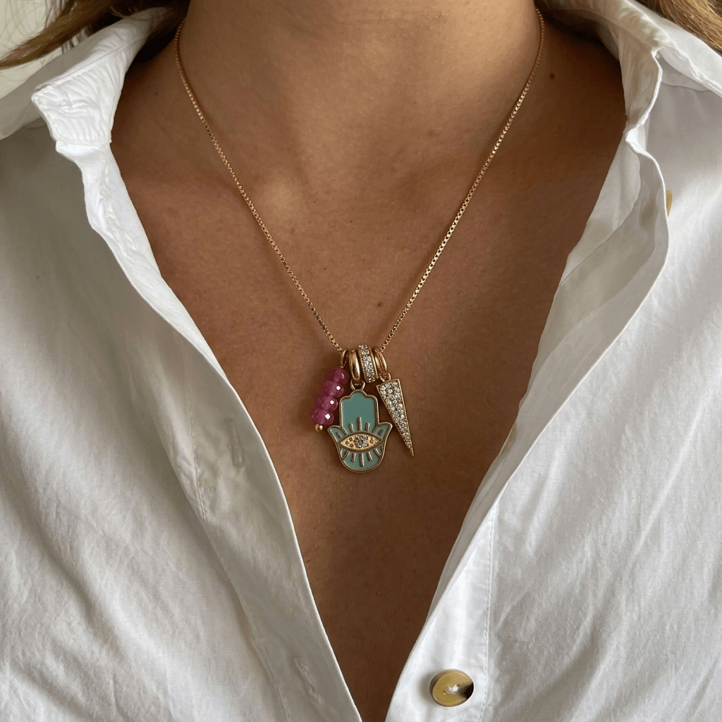 Lip chain, Hamsa Hand & Dagger Charm Necklace - Foramour Jewels - 18K Gold Plated - Sweat, water proof