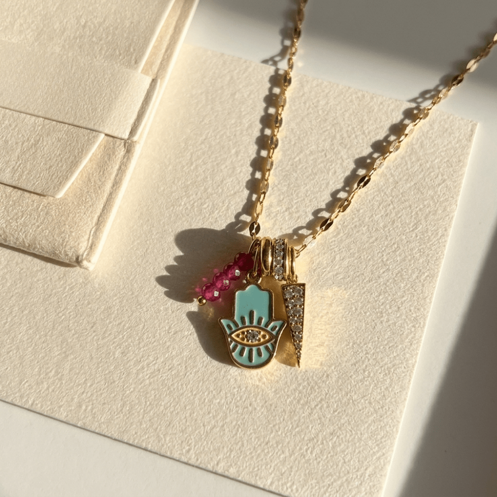 Lip chain, Hamsa Hand & Dagger Charm Necklace - Foramour Jewels - 18K Gold Plated - Sweat, water proof