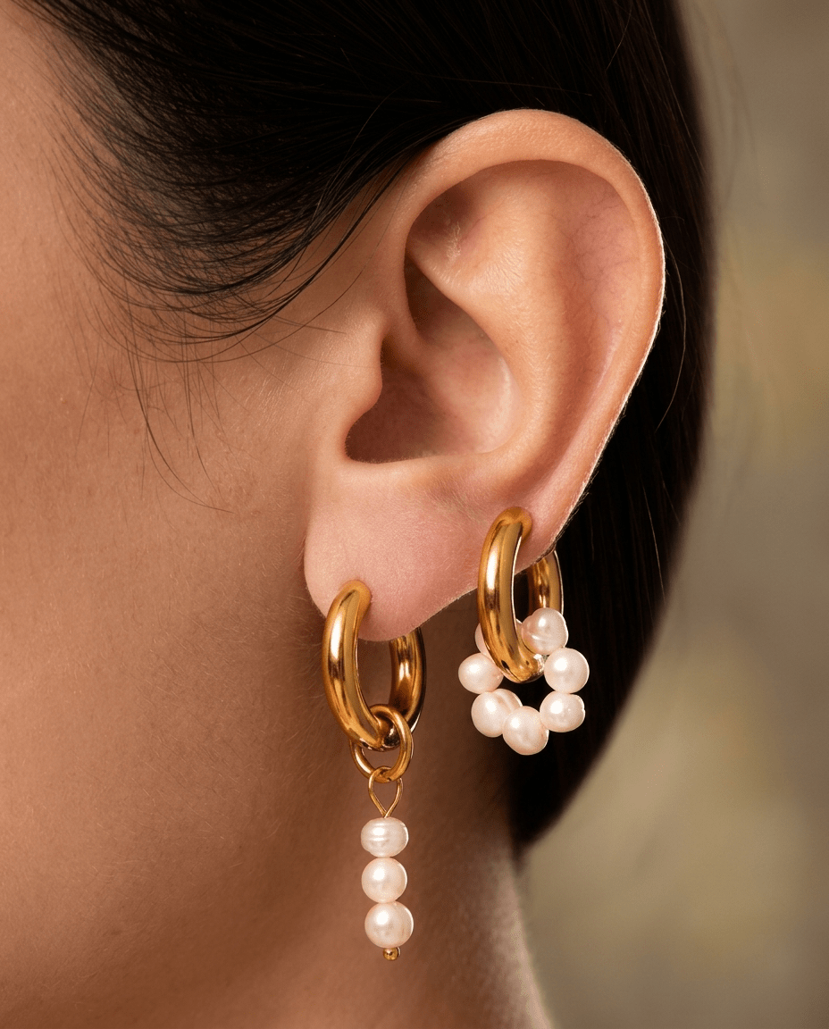 Mismatched Freshwater Pearl Hoop Earrings | Asymmetric Gold Pearl Drop Huggies - Foramour Jewels - 18K Gold Plated - Sweat, water proof