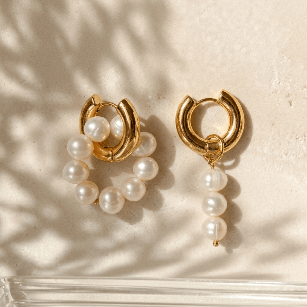 Mismatched Freshwater Pearl Hoop Earrings | Asymmetric Gold Pearl Drop Huggies - Foramour Jewels - 18K Gold Plated - Sweat, water proof