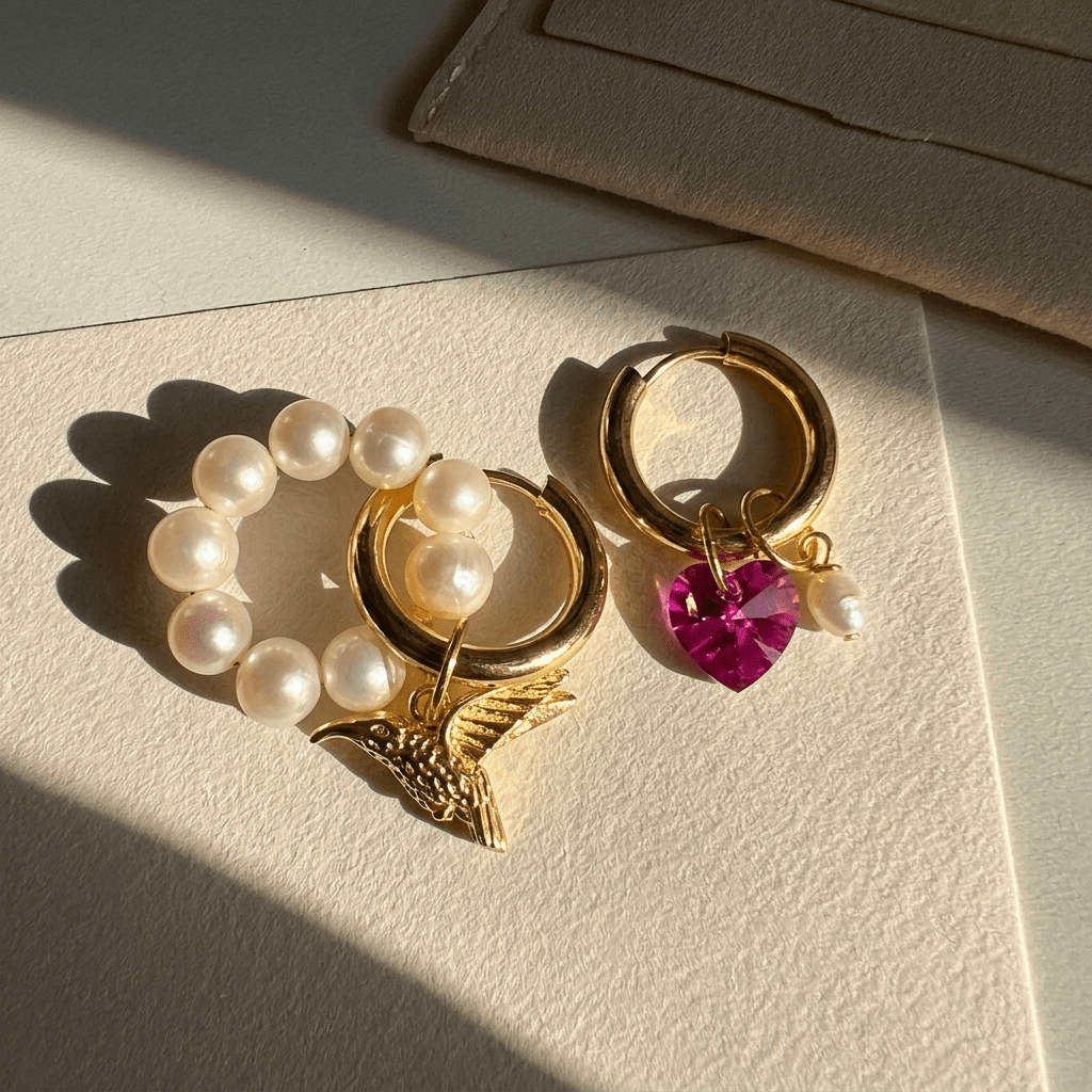 Mismatched Pearl Hummingbird Earrings - Foramour Jewels - 18K Gold Plated - Sweat, water proof