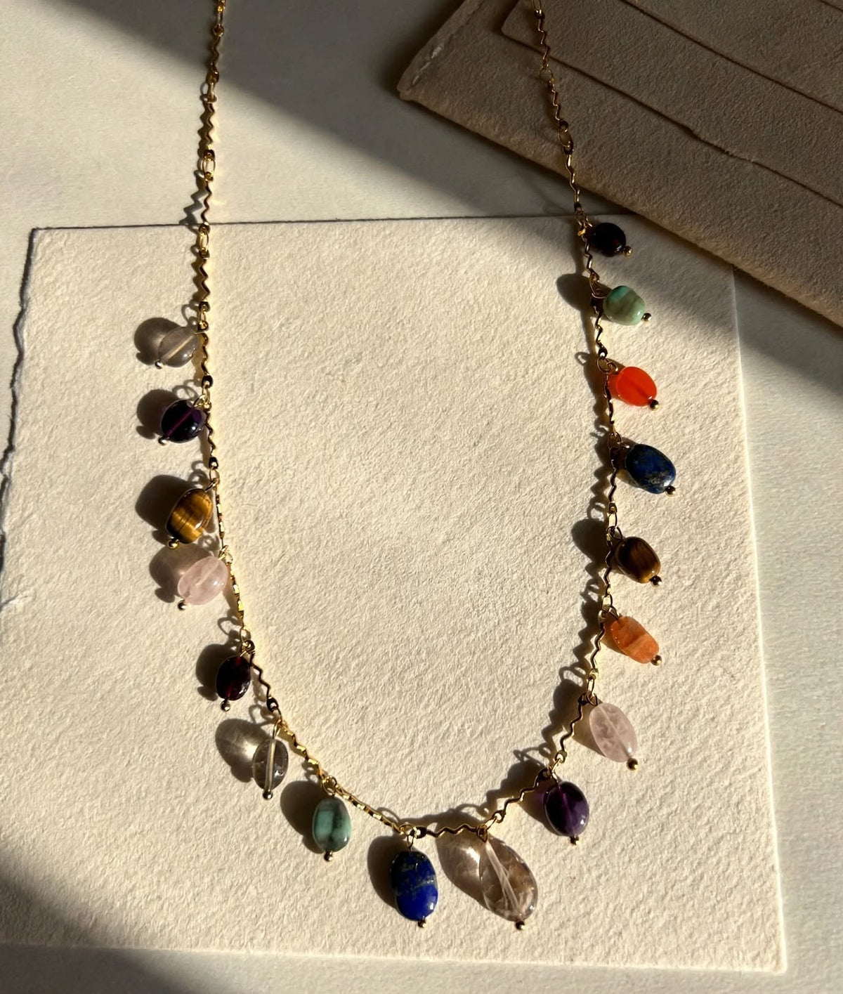 Mixed Gemstone Fringe Drop Necklace - Foramour Jewels - 18K Gold Plated - Sweat, water proof