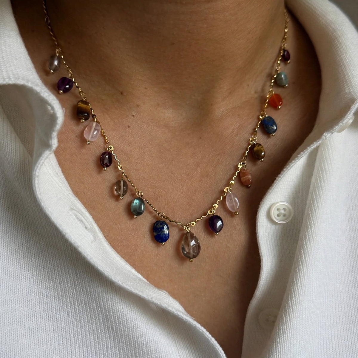 Mixed Gemstone Fringe Drop Necklace - Foramour Jewels - 18K Gold Plated - Sweat, water proof