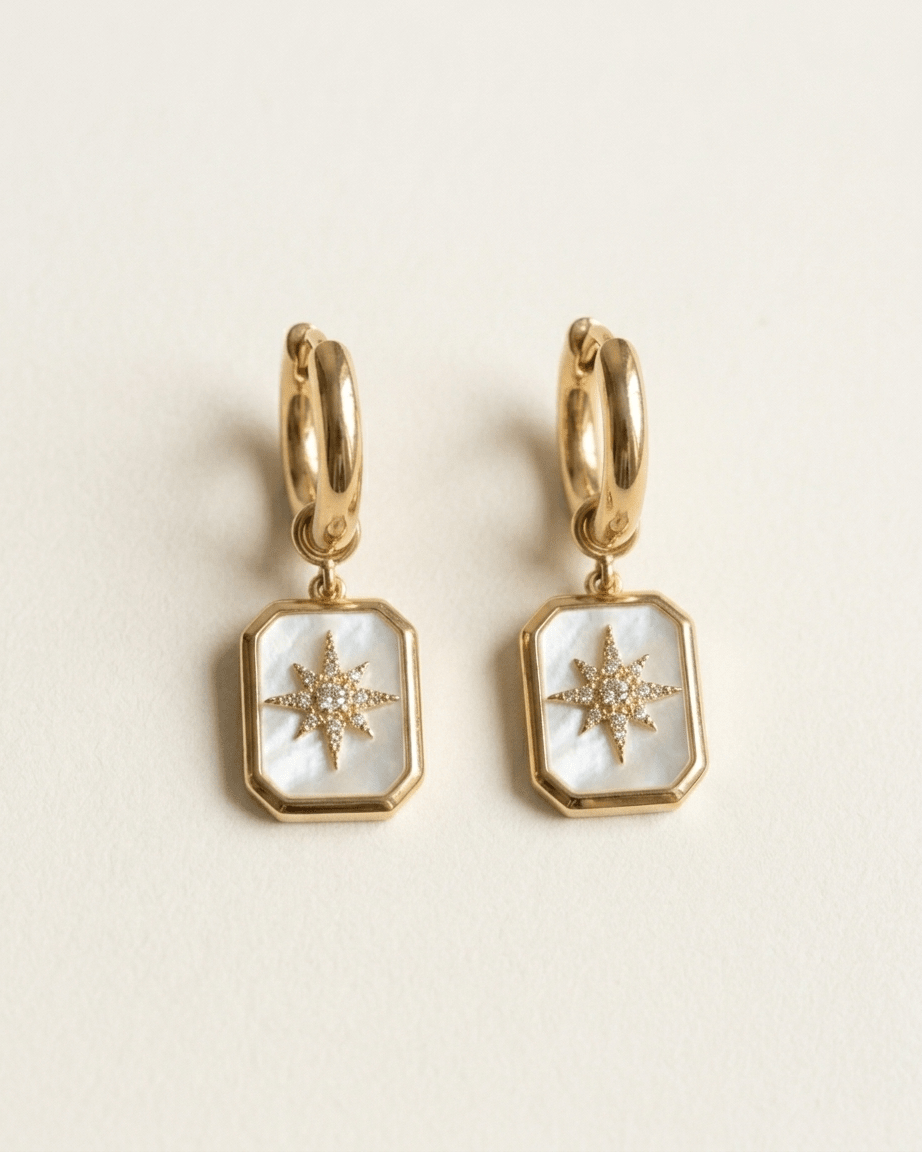 Mother-of-Pearl Signet Earrings - Foramour Jewels - 18K Gold Plated - Sweat, water proof