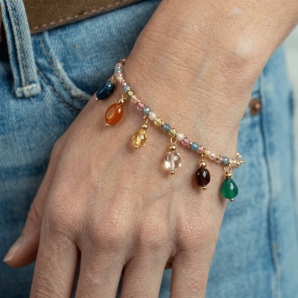 Multi-Gemstone Charm Bracelet - Foramour Jewels - 18K Gold Plated - Sweat, water proof