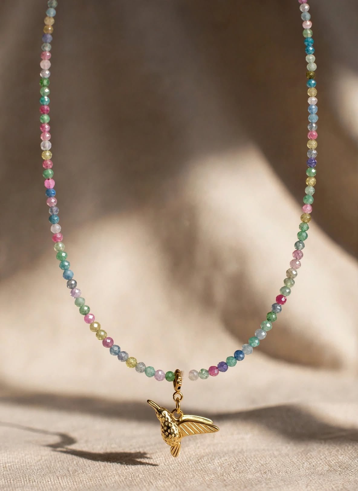 Multicolour Zircon Bead & Gold Hummingbird Necklace - Foramour Jewels - 18K Gold Plated - Sweat, water proof