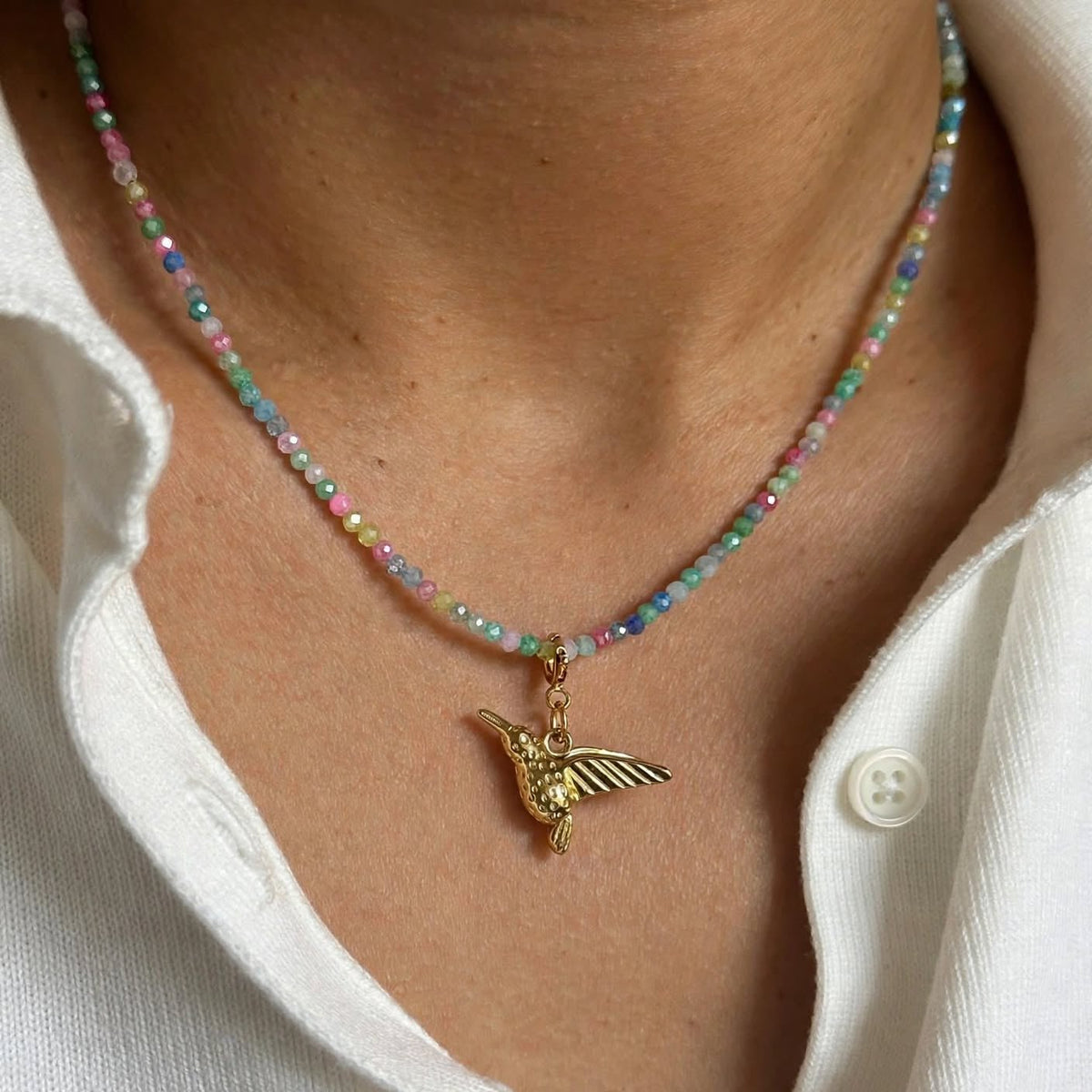 Multicolour Zircon Bead & Gold Hummingbird Necklace - Foramour Jewels - 18K Gold Plated - Sweat, water proof