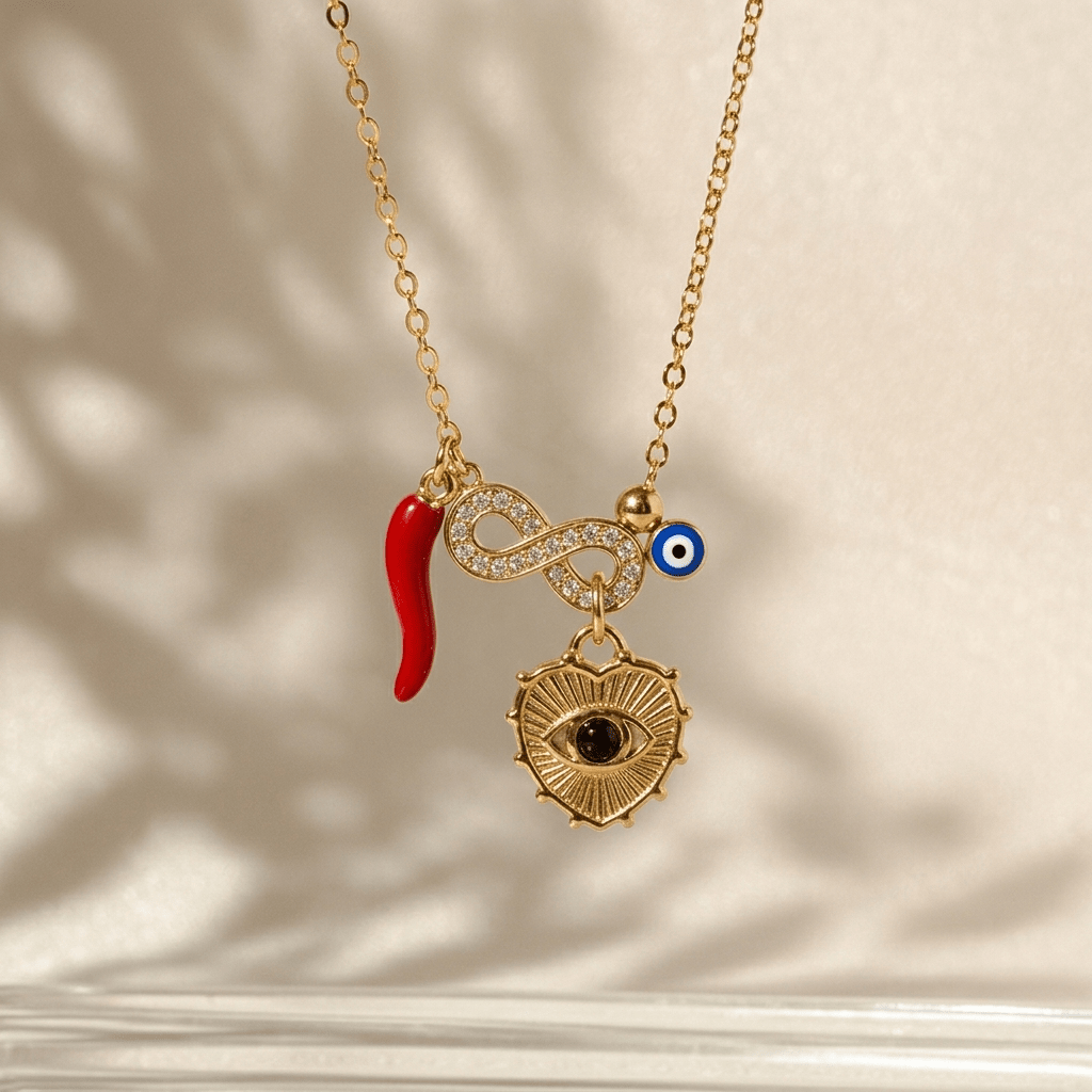 Nazar & Cornicello Chilly Charm Necklace - Foramour Jewels - 18K Gold Plated - Sweat, water proof