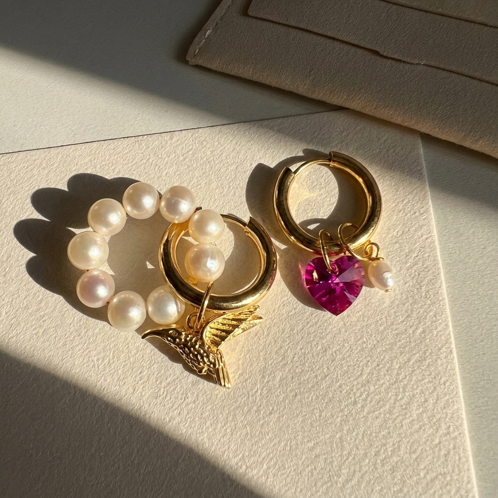 Gold hoop earrings with pearl and pink heart charms on a light surface
