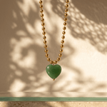 Original Natural Green Jade Heart Ball Chain Necklace - Foramour Jewels - 18K Gold Plated - Sweat, water proof