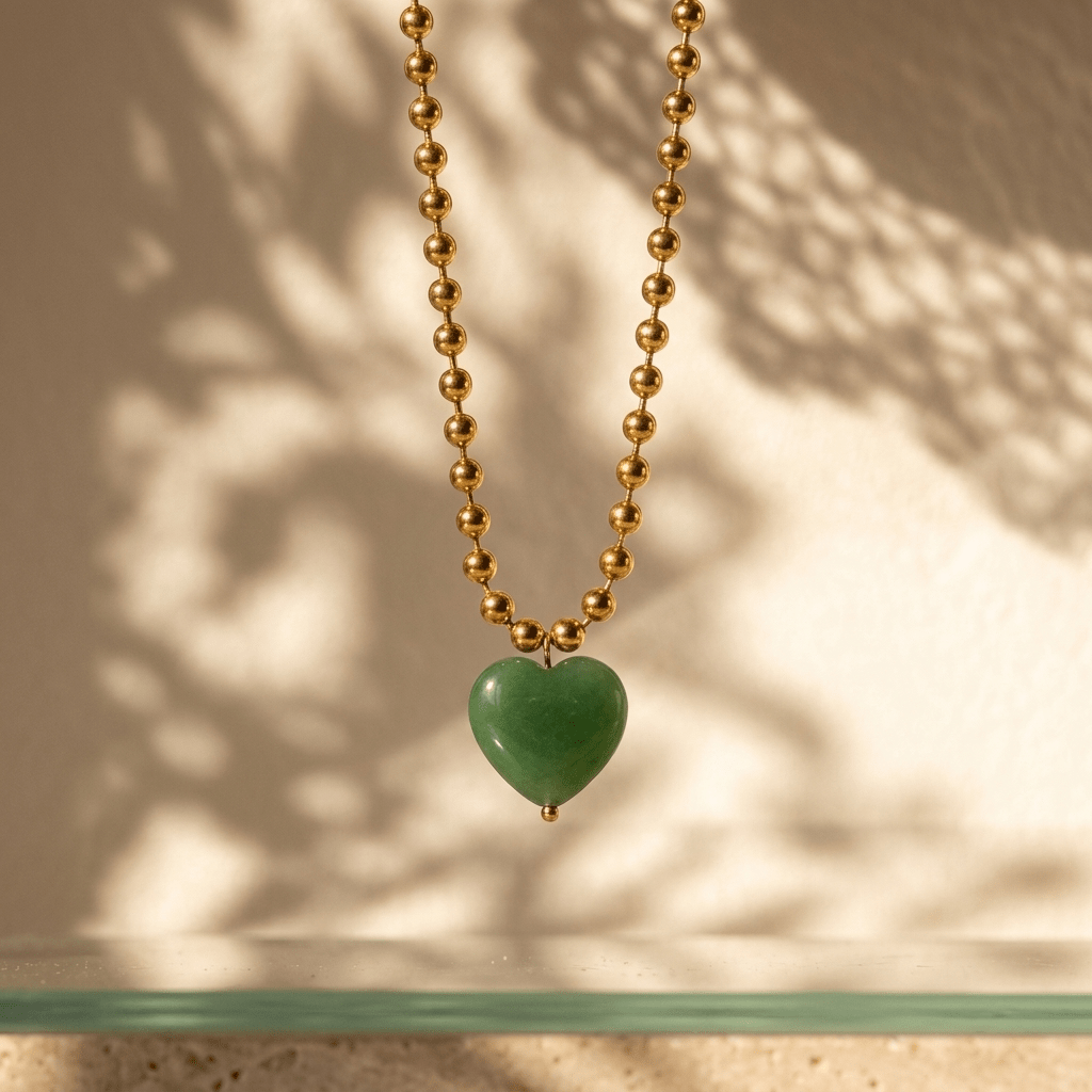 Original Natural Green Jade Heart Ball Chain Necklace - Foramour Jewels - 18K Gold Plated - Sweat, water proof