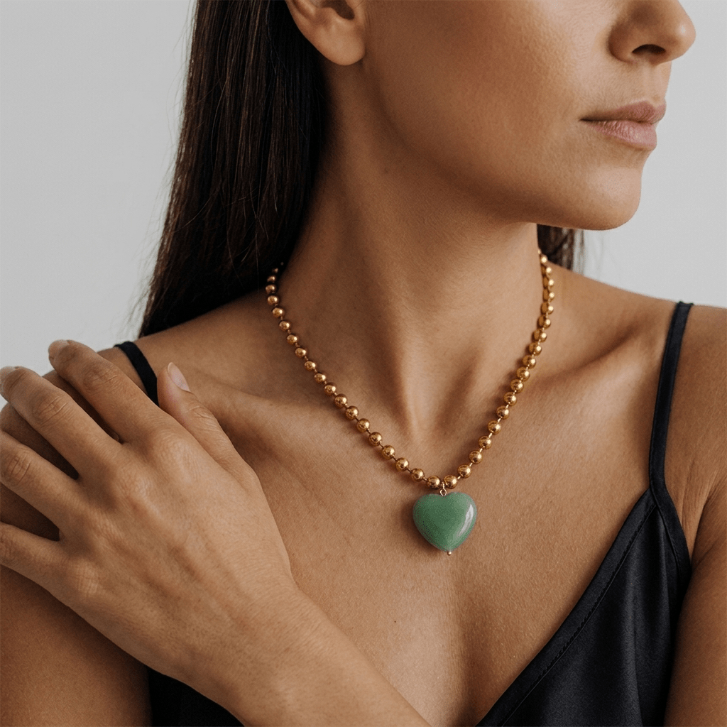 Original Natural Green Jade Heart Ball Chain Necklace - Foramour Jewels - 18K Gold Plated - Sweat, water proof