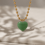 Original Natural Green Jade Heart Ball Chain Necklace - Foramour Jewels - 18K Gold Plated - Sweat, water proof