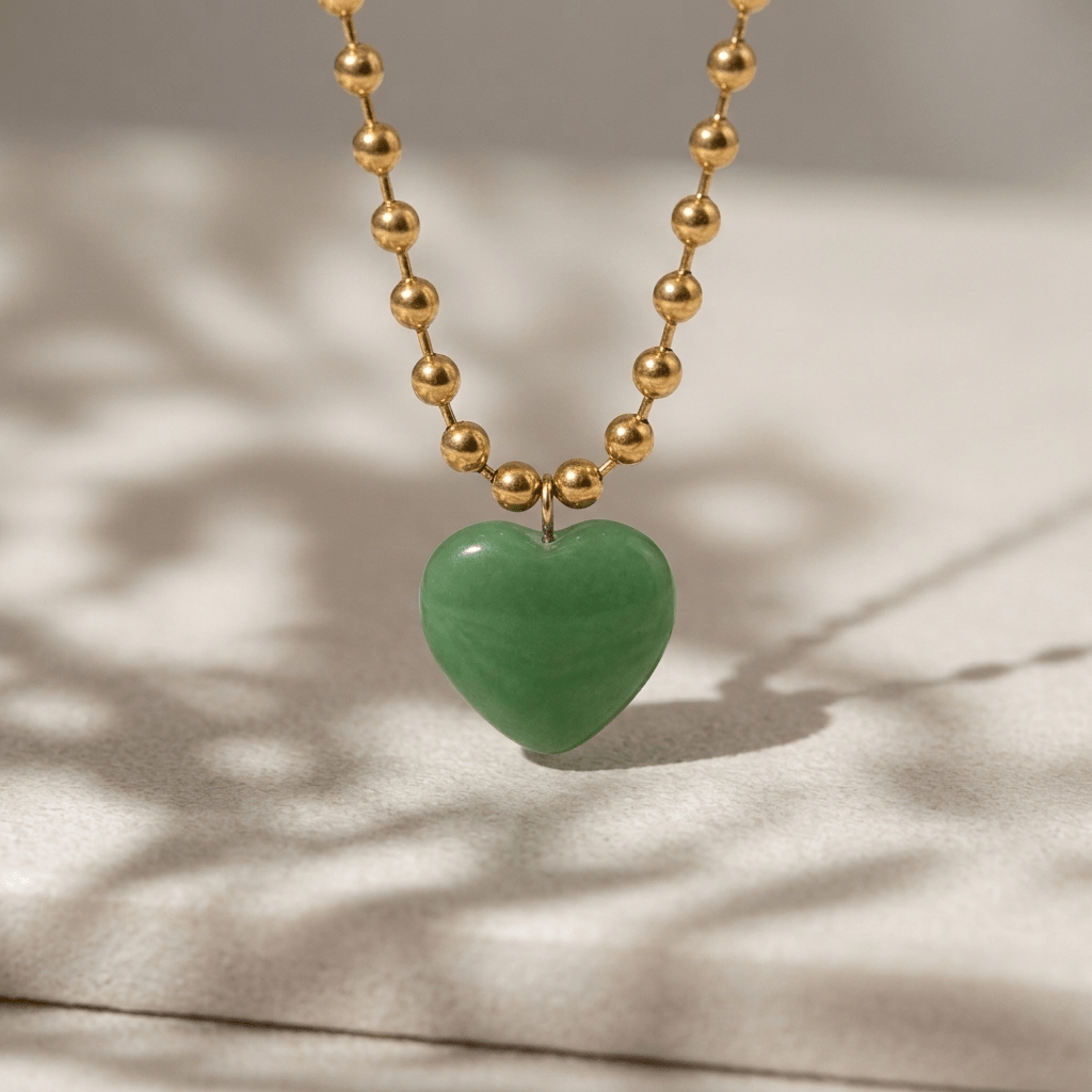 Original Natural Green Jade Heart Ball Chain Necklace - Foramour Jewels - 18K Gold Plated - Sweat, water proof
