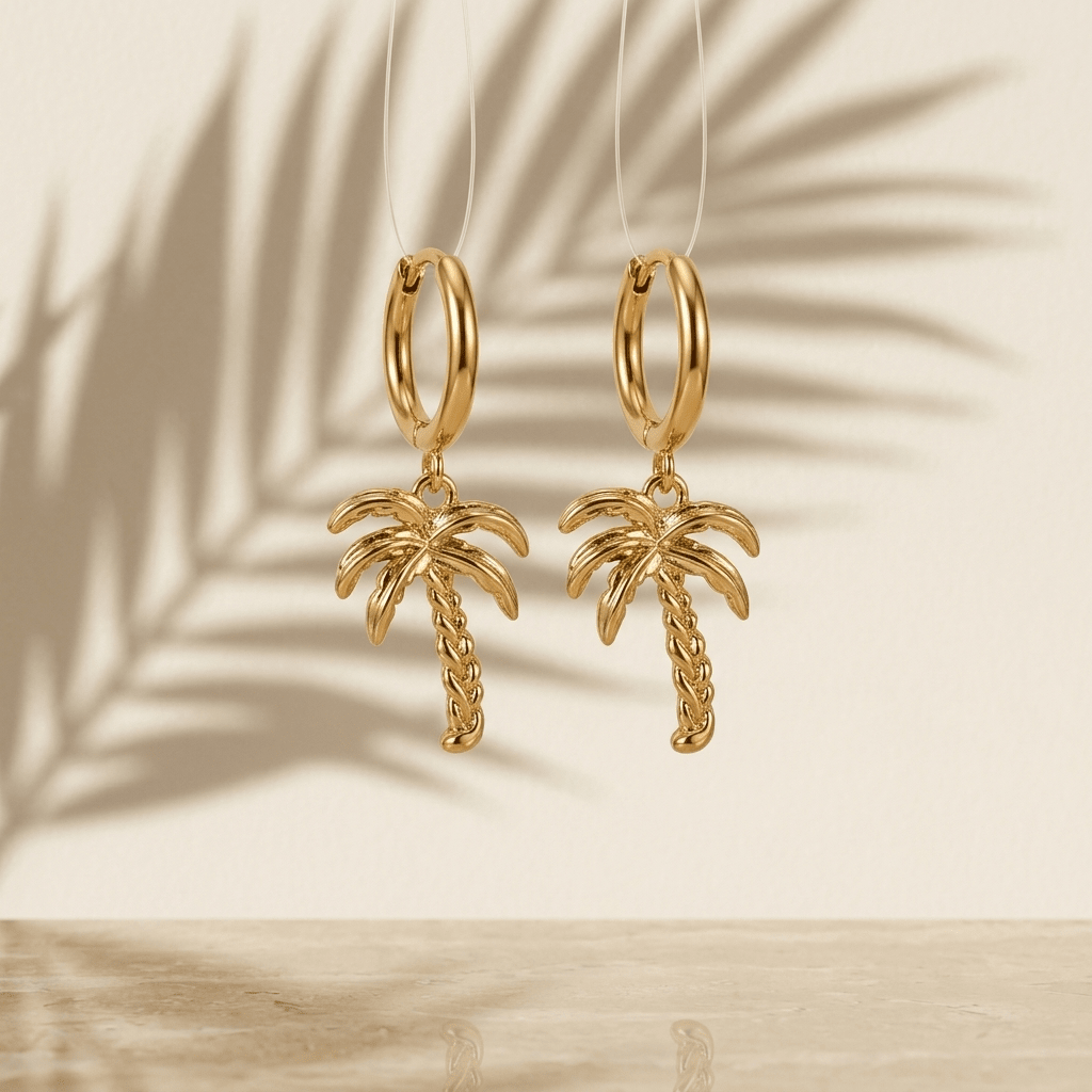 Palm Tree Huggies - Earrings - Foramour Jewels - 18K Gold Plated - Sweat, water proof