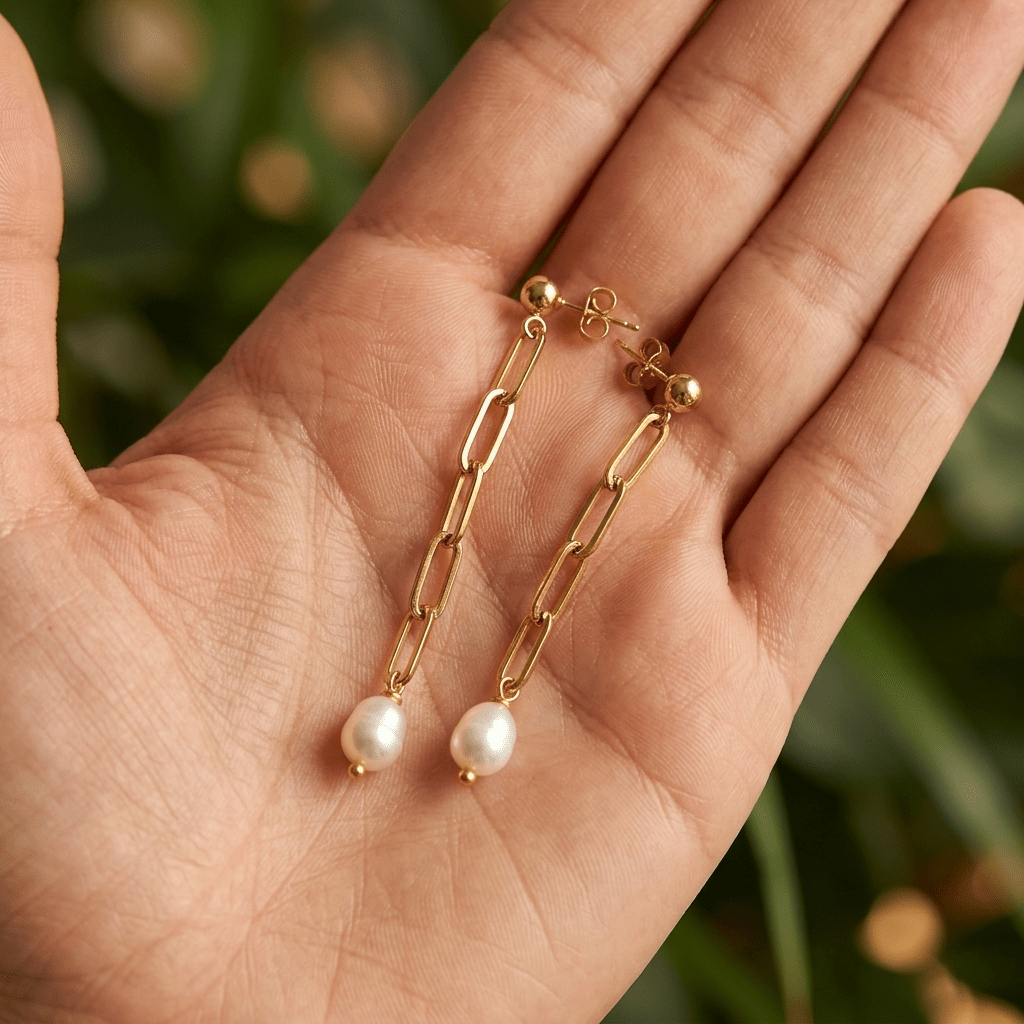 Paperclip Chain Pearl Earrings - Foramour Jewels - 18K Gold Plated - Sweat, water proof