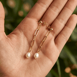 Paperclip Chain Pearl Earrings - Foramour Jewels - 18K Gold Plated - Sweat, water proof