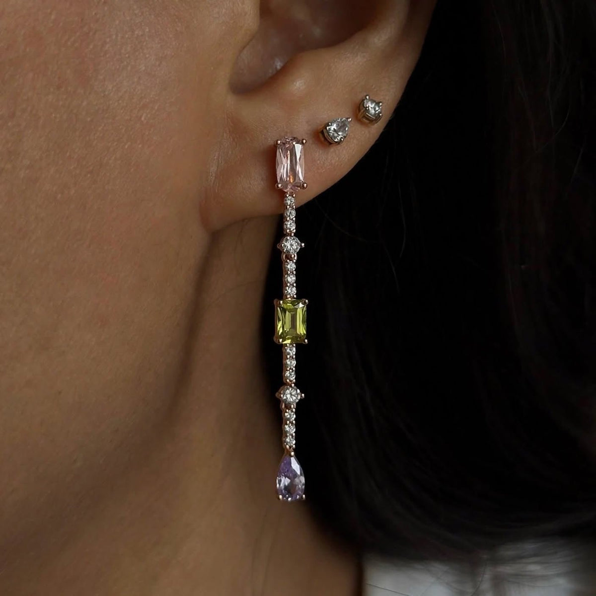 Pastel Multistone Linear Drop Earrings - Foramour Jewels - 18K Gold Plated - Sweat, water proof