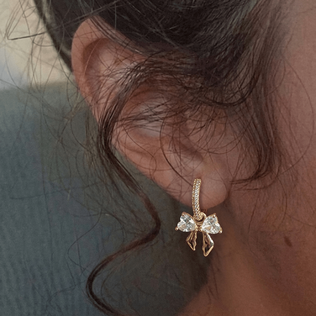 Pave Bow Charm Earrings - Foramour Jewels - 18K Gold Plated - Sweat, water proof