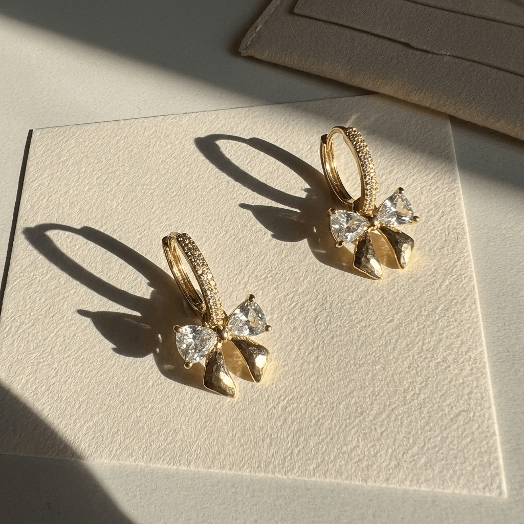 Pave Bow Charm Earrings - Foramour Jewels - 18K Gold Plated - Sweat, water proof