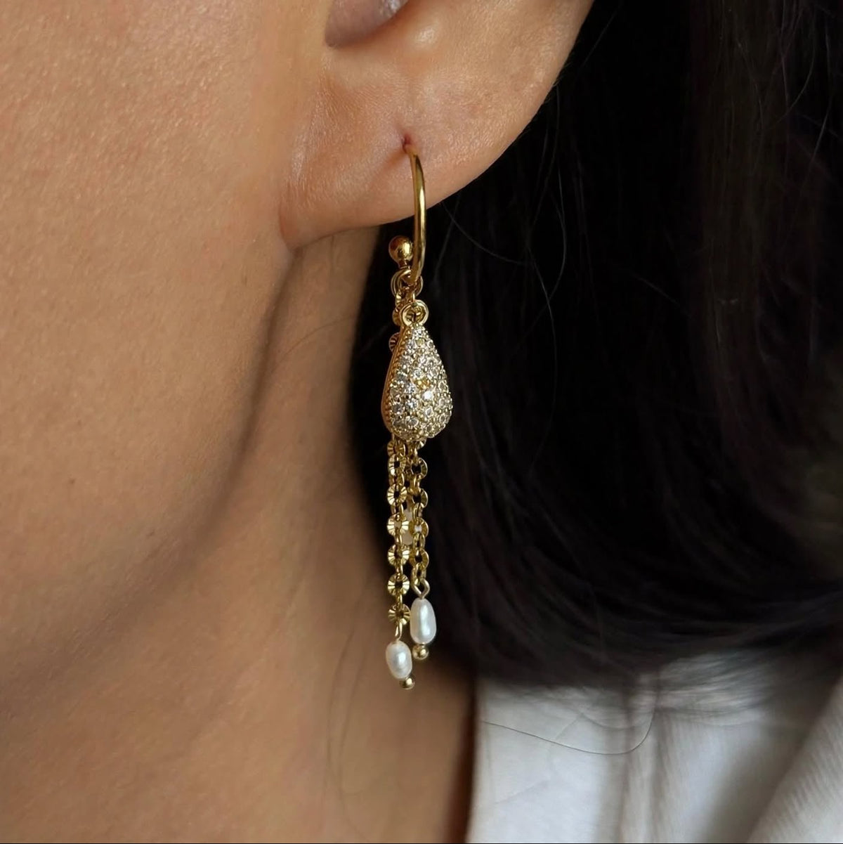 Pavé CZ Teardrop & Pearl Cascade Hoop Earrings - Foramour Jewels - Gold PVD designer jewellery & charms
