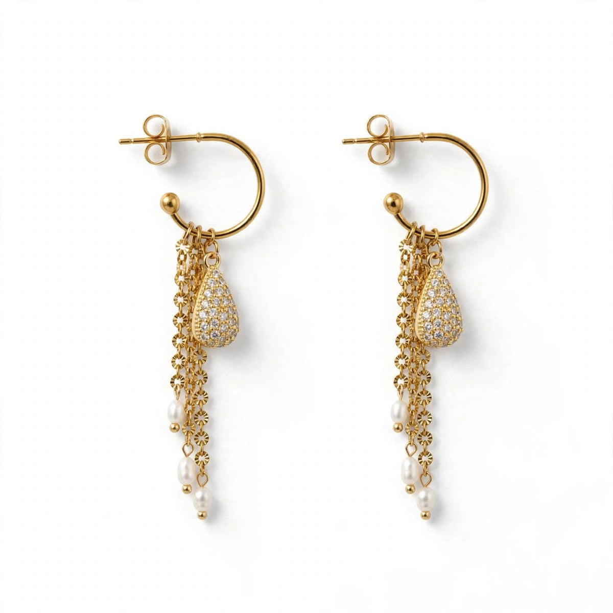 Pavé CZ Teardrop & Pearl Cascade Hoop Earrings - Foramour Jewels - Gold PVD designer jewellery & charms