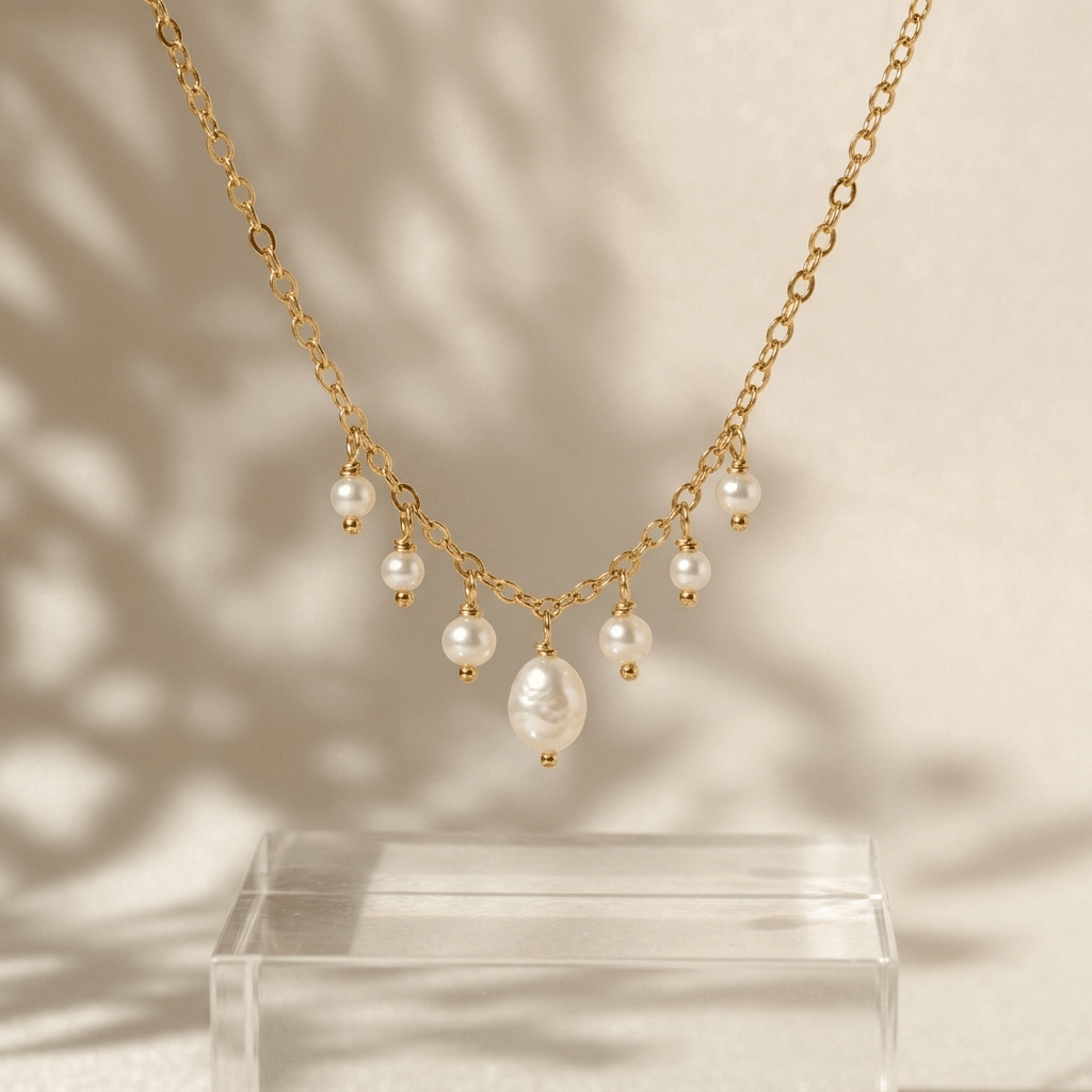 Pearl Fringe Necklace - Foramour Jewels - 18K Gold Plated - Sweat, water proof