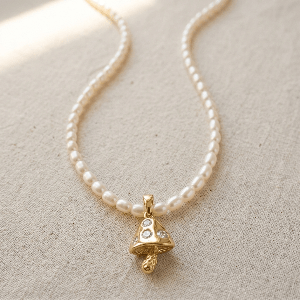 Pearl Mushroom Pendant Necklace - Foramour Jewels - 18K Gold Plated - Sweat, water proof