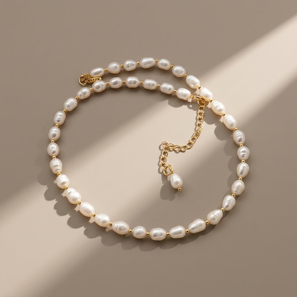 Pearl Strand with Gold Beads Necklace - Foramour Jewels - 18K Gold Plated - Sweat, water proof