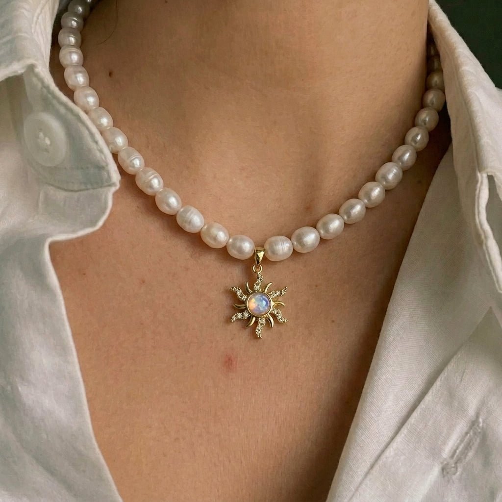 Pearl Sunburst Pendant Necklace - Foramour Jewels - 18K Gold Plated - Sweat, water proof