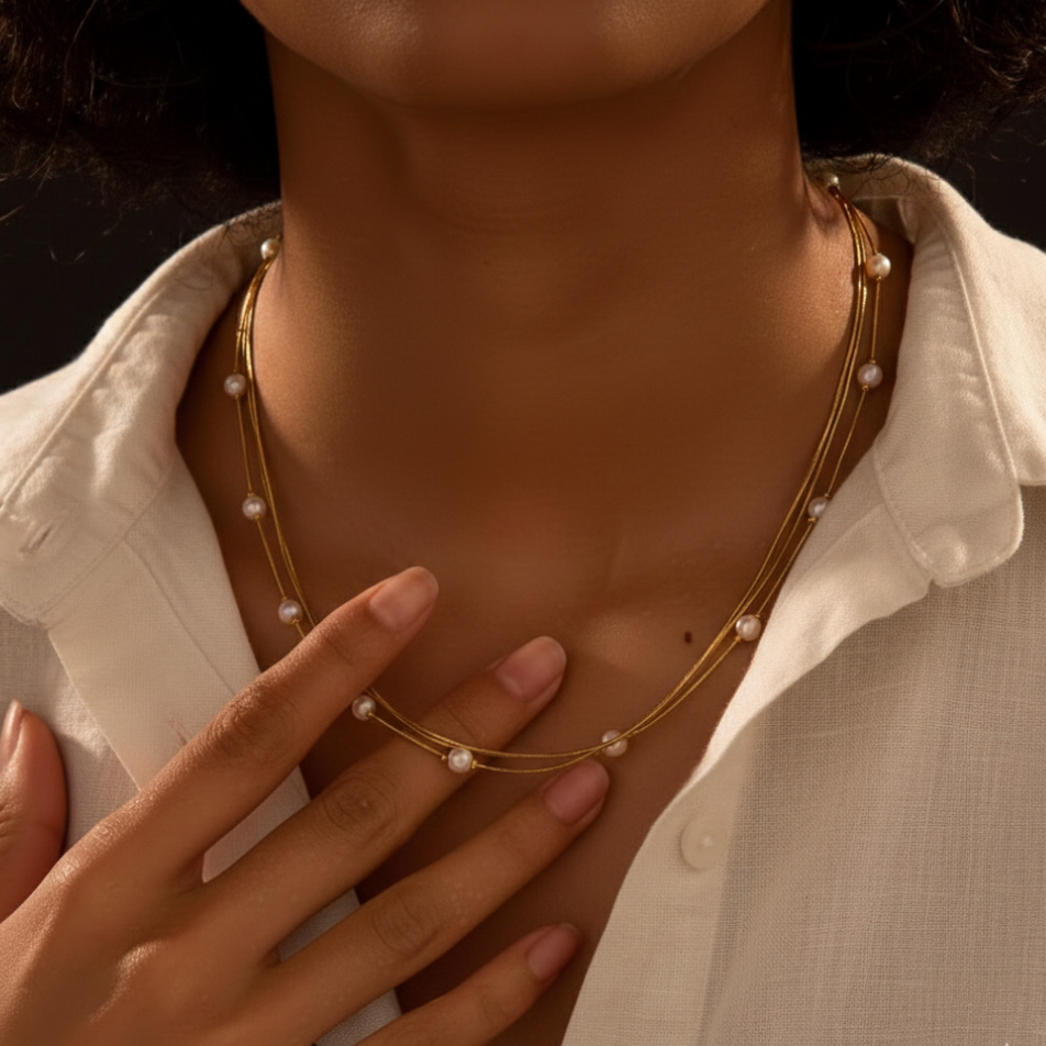 Close-up of a person wearing a gold necklace with pearls, touching their chest.
