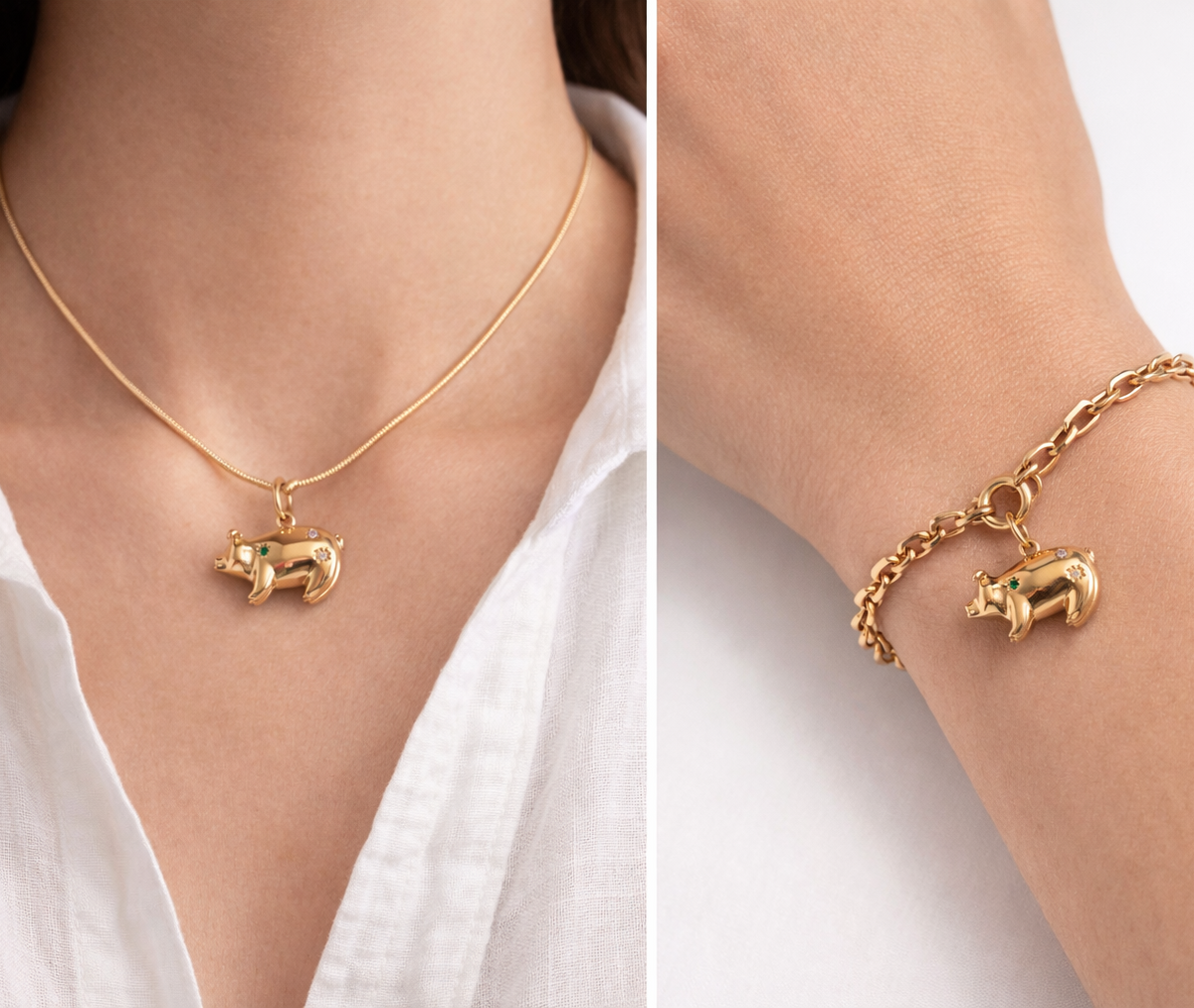 piggy bank pendant necklace and bracelet on a person wearing a white shirt.
