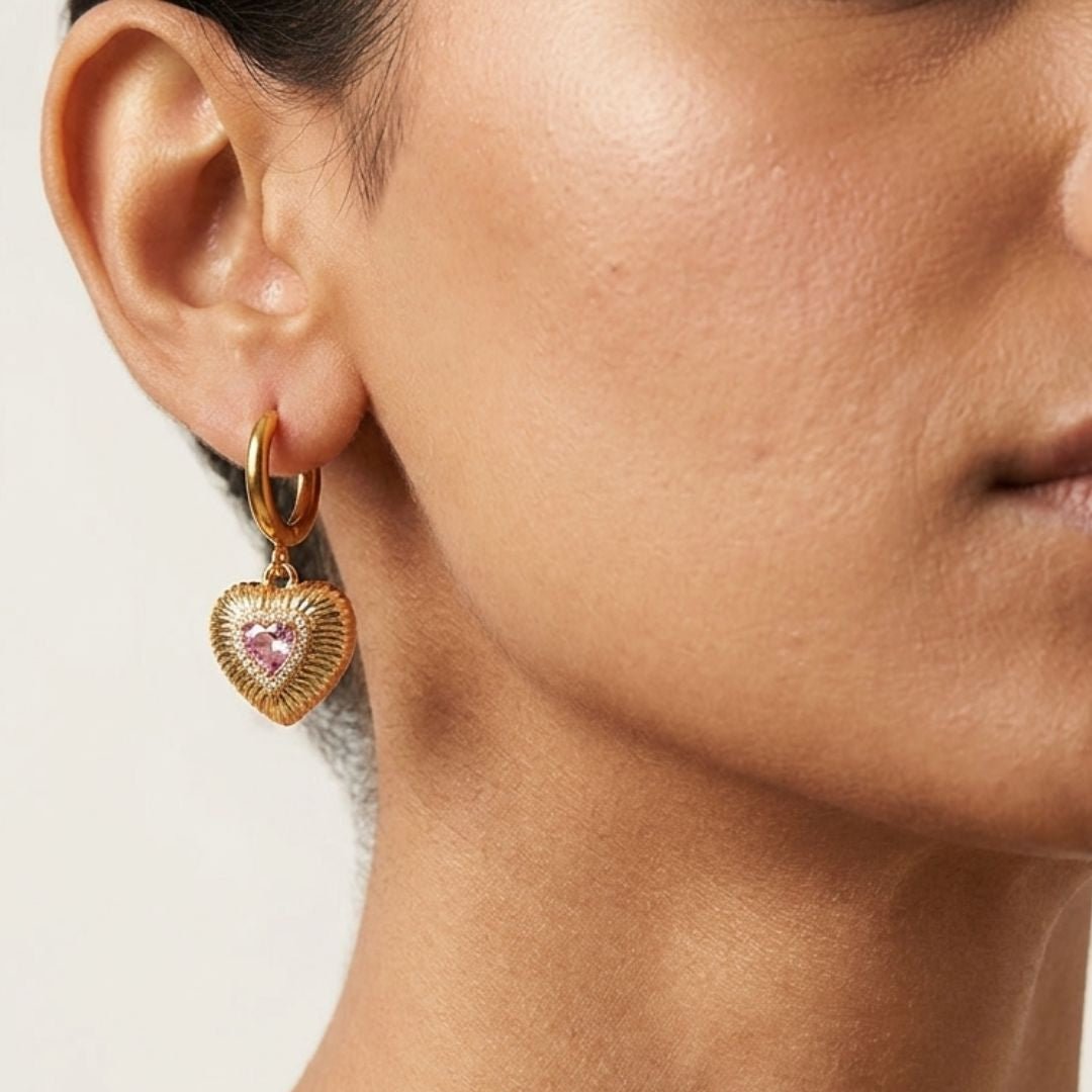 Pink CZ Heart Earrings - Foramour Jewels - 18K Gold Plated - Sweat, water proof