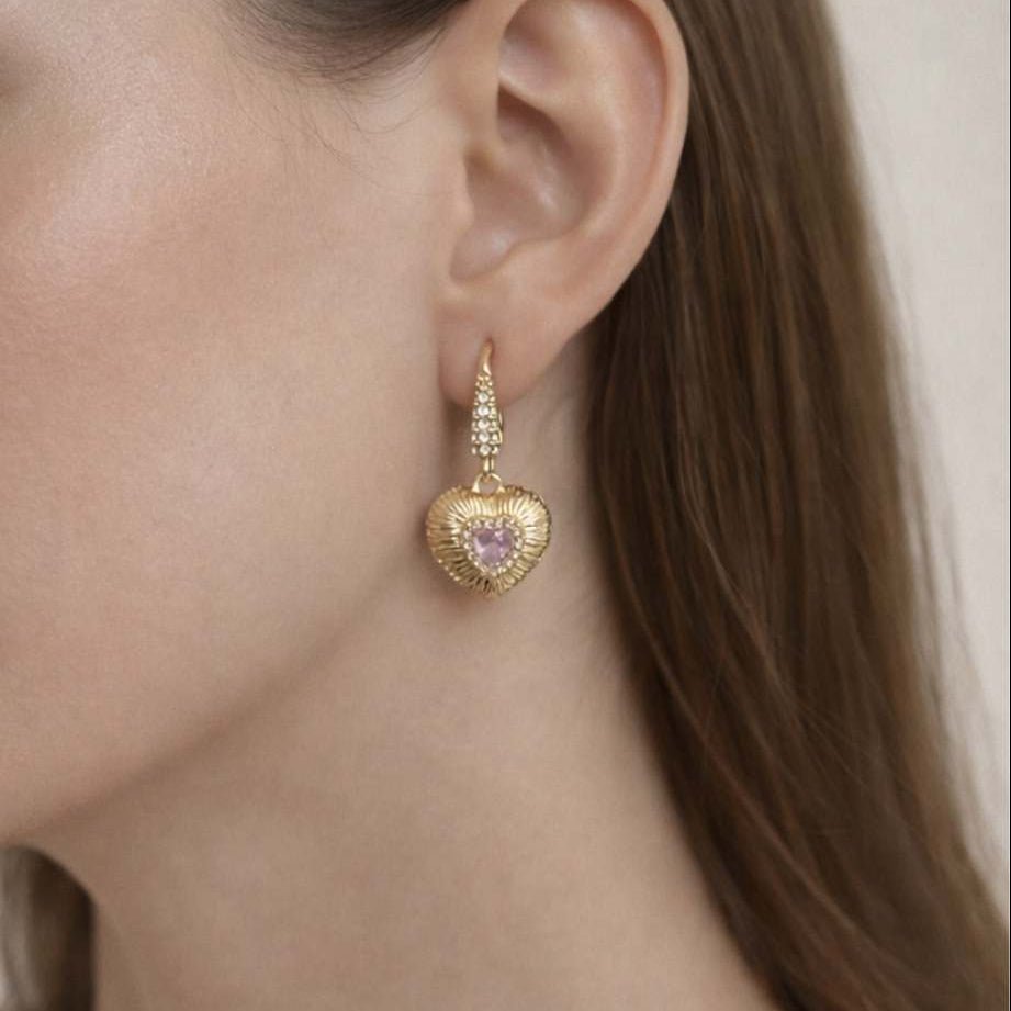 Pink CZ Heart Earrings - Foramour Jewels - 18K Gold Plated - Sweat, water proof