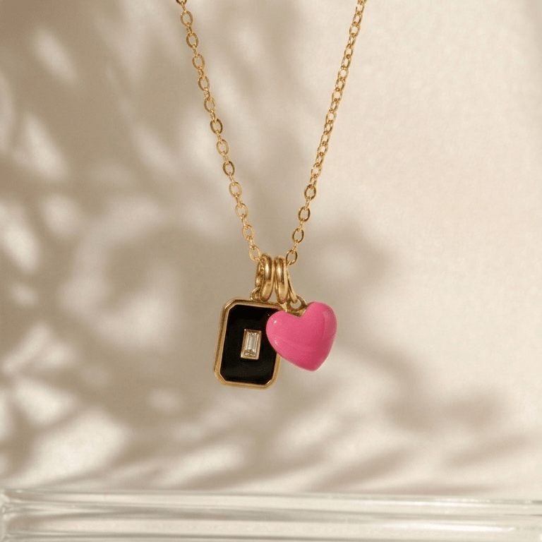 Pink Heart Charm Pendant Necklace - Foramour Jewels - 18K Gold Plated - Sweat, water proof