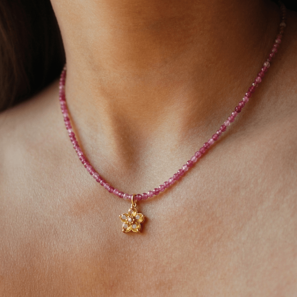 Pink Zircon Necklace with Yellow Flower Charm - Foramour Jewels - 18K Gold Plated - Sweat, water proof
