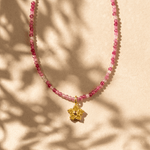 Pink Zircon Necklace with Yellow Flower Charm - Foramour Jewels - 18K Gold Plated - Sweat, water proof