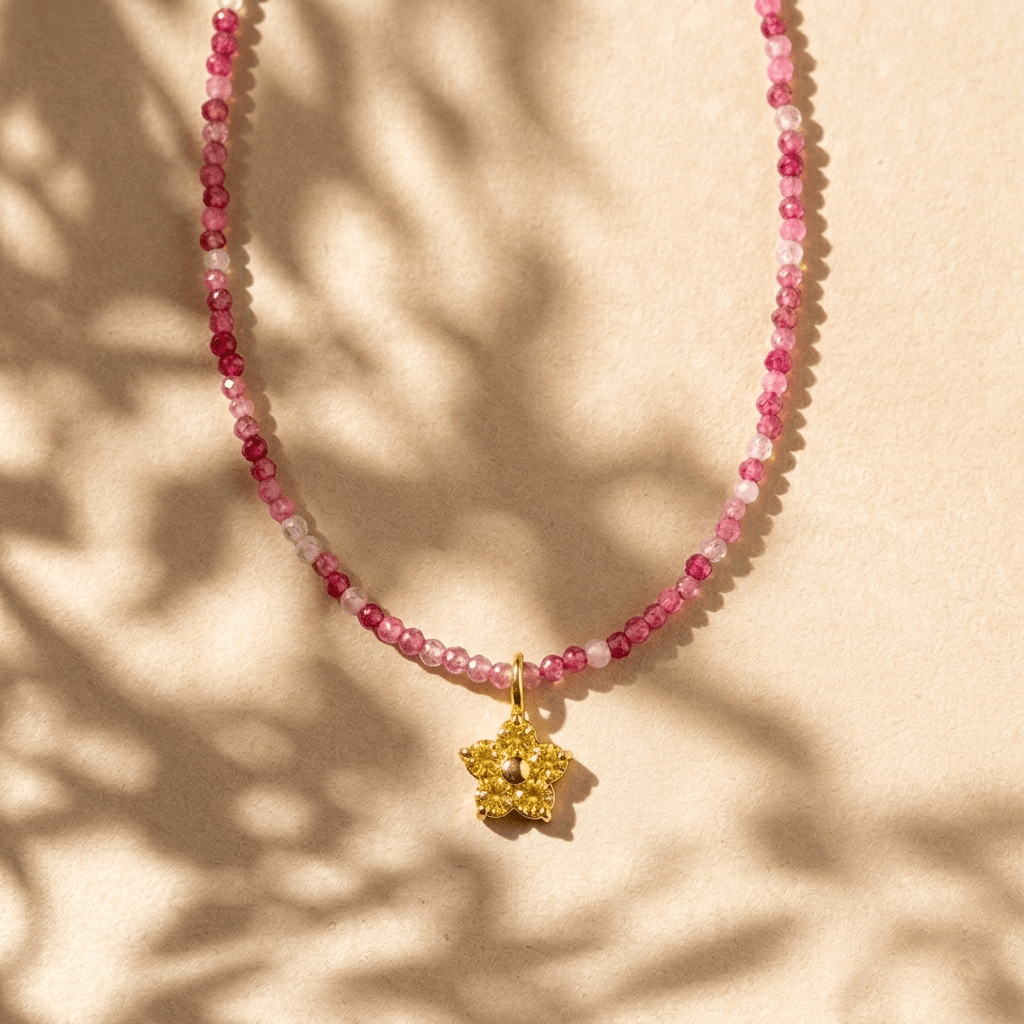Pink Zircon Necklace with Yellow Flower Charm - Foramour Jewels - 18K Gold Plated - Sweat, water proof
