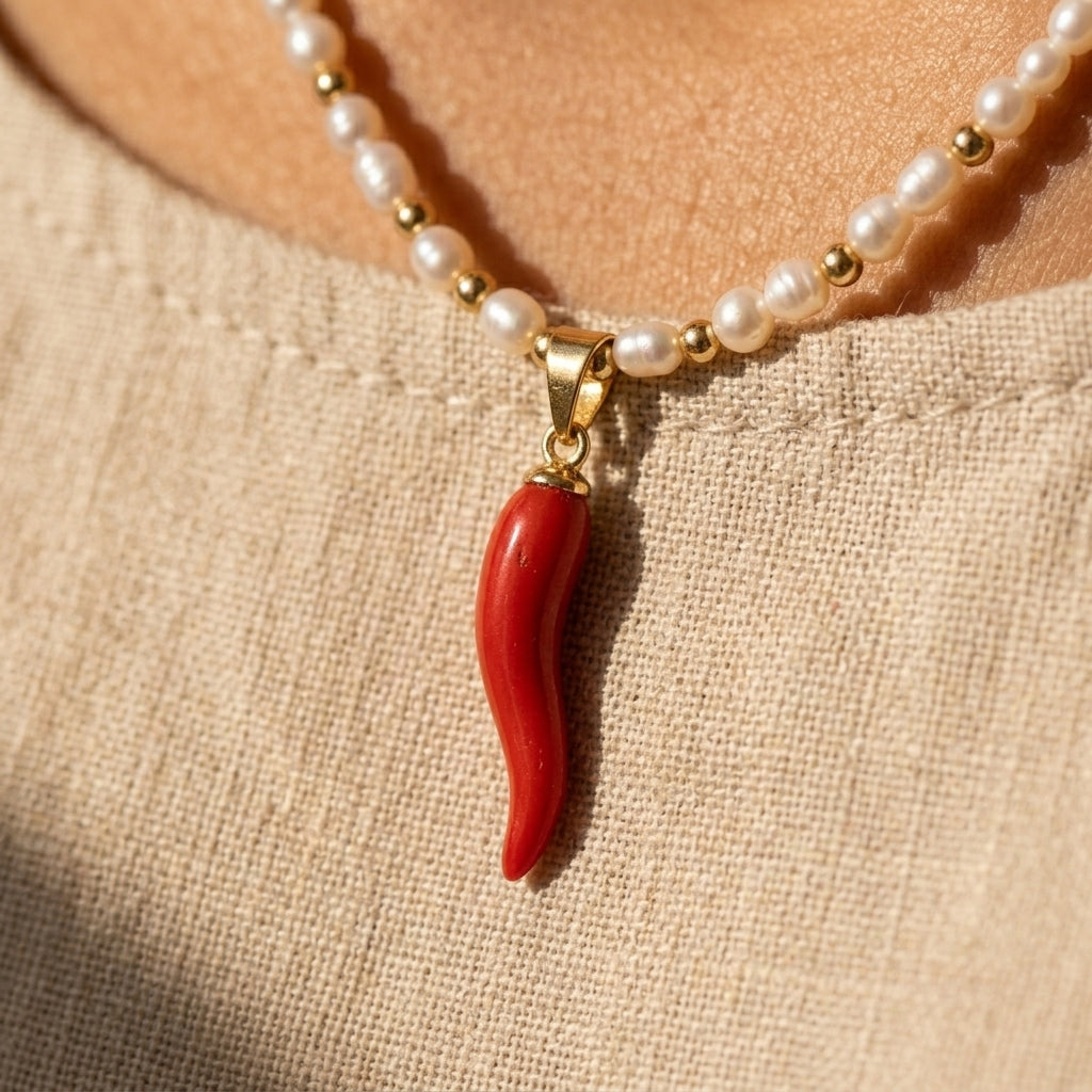 Pearl necklace with a red chili pepper pendant on a beige fabric background