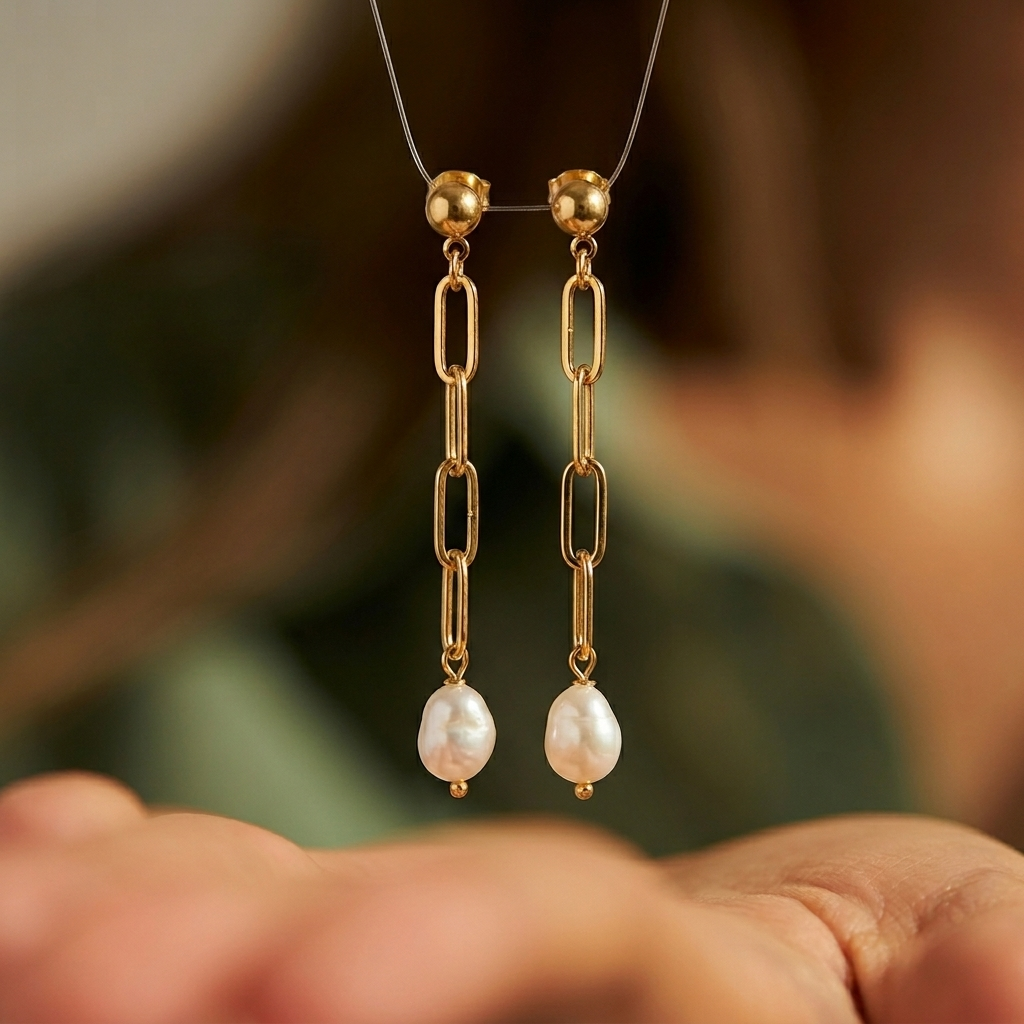 Gold chain earrings with pearl drops held in hands against a blurred background