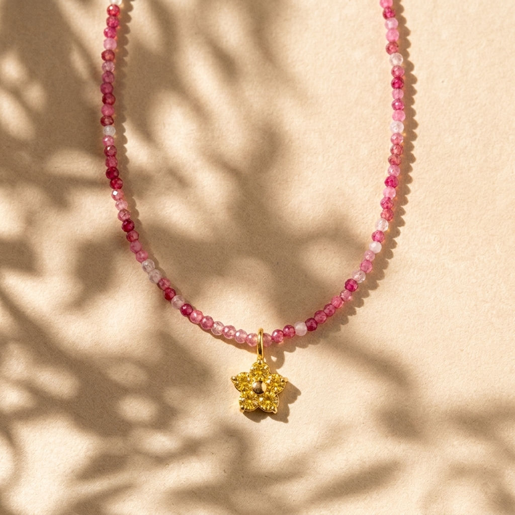 Pink Zircon Necklace with Yellow Flower Charm