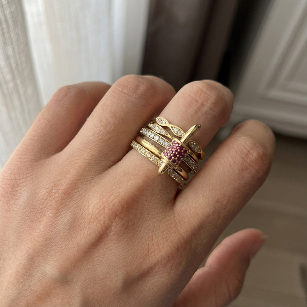 A close-up of a hand wearing a stack of gold rings, including one with a central round pink gemstone and others with small clear stones, set against a softly blurred indoor background.