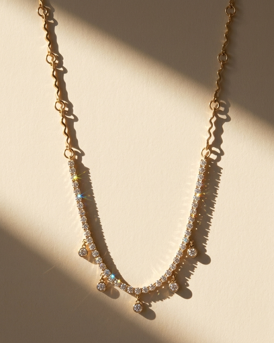 Gold necklace with small diamonds on a beige background