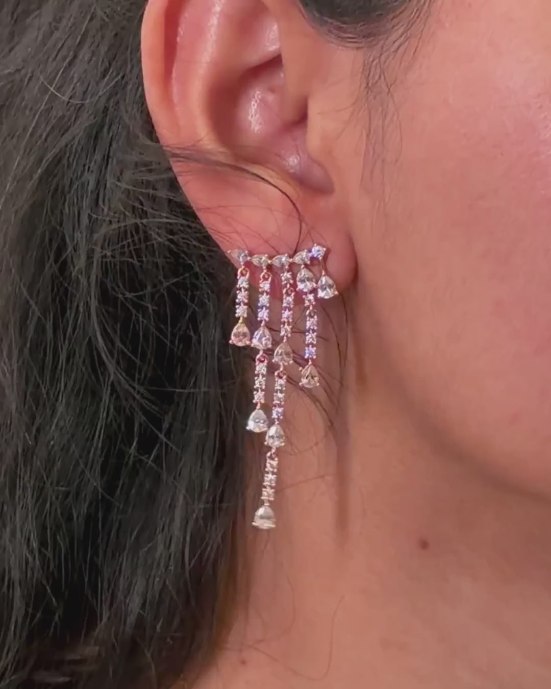 Rose Gold CZ & Pink Pear Fringe Drop Earrings