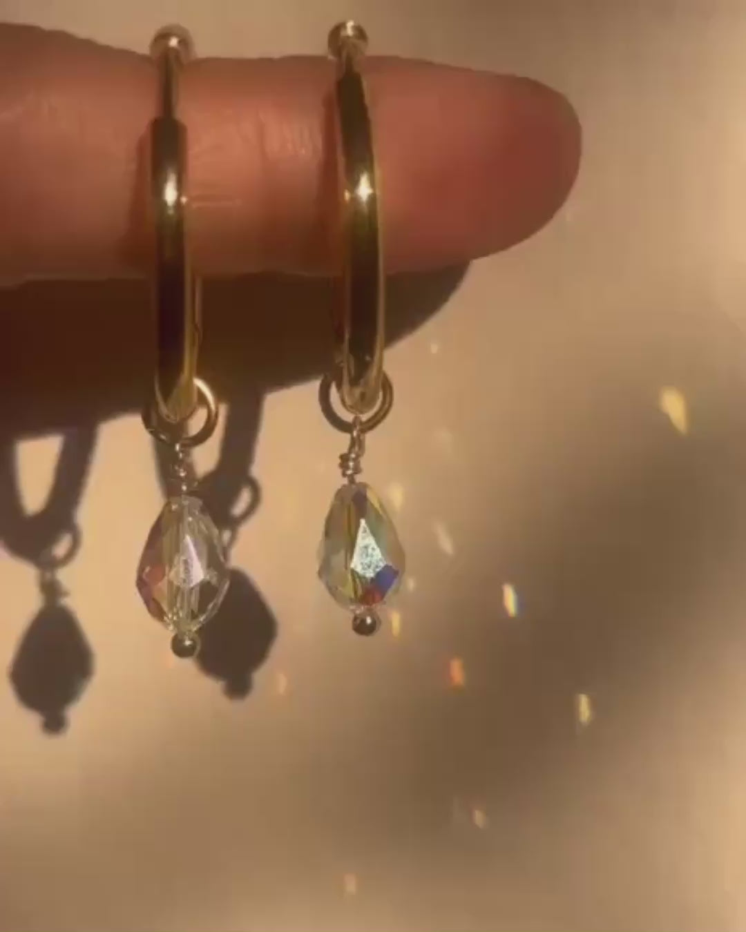 18k Gold Plated Crystal Teardrop Hoop Earrings | Dainty Aurora Borealis Drop Huggies