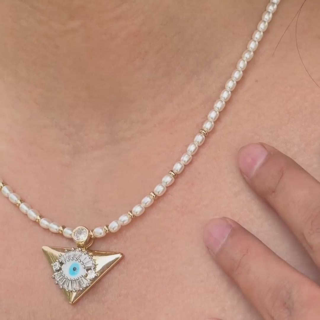 Evil Eye Baguette CZ Seed Pearl Pendant Necklace