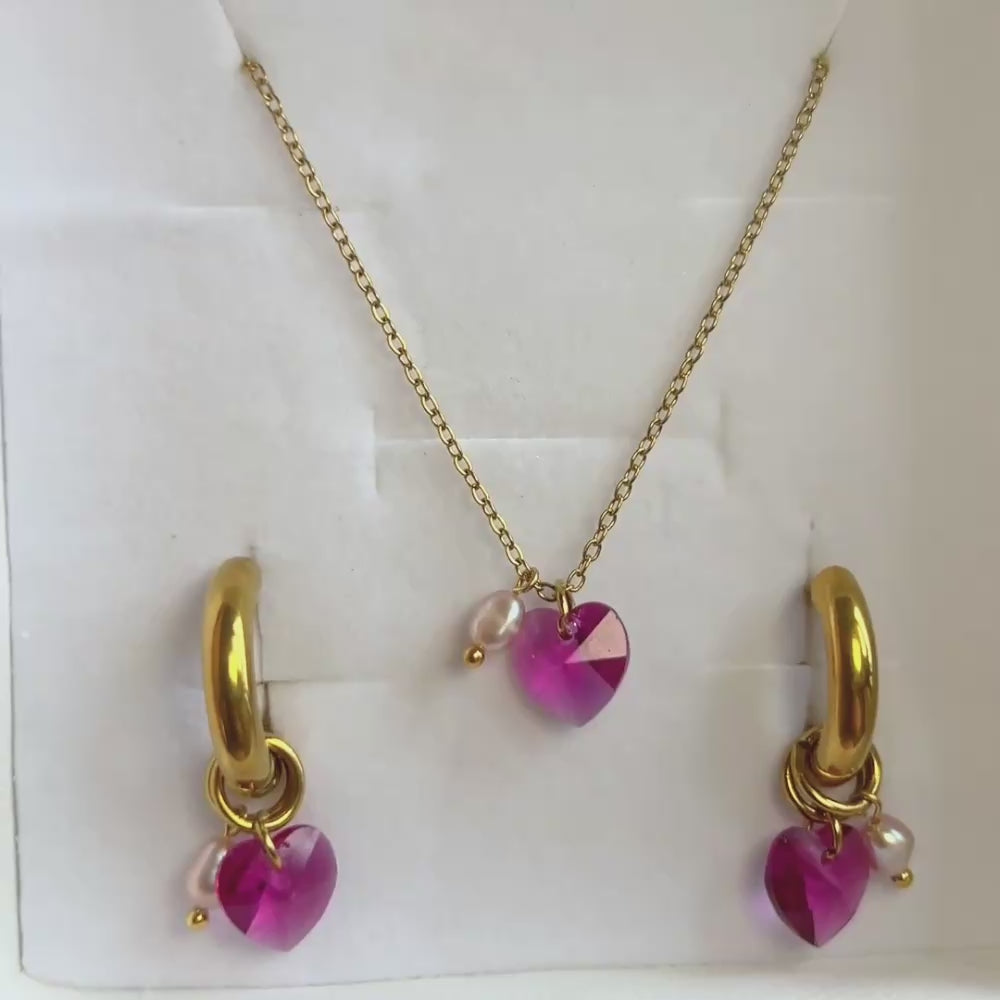 Fuchsia Crystal Heart Necklace and Earrings set