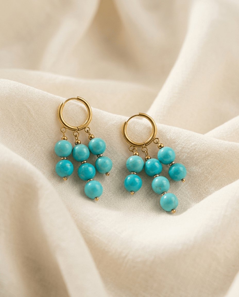 Real Turquoise Chandelier Hoops - Foramour Jewels - 18K Gold Plated - Sweat, water proof